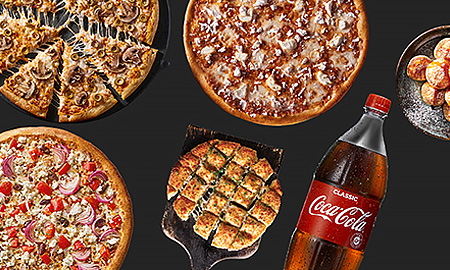 3 משפחתיות + נלווה + קינוח + שתיה כולל משלוח בדומינו'ס פיצה