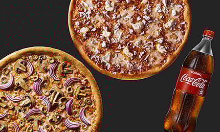 2 פיצות משפחתיות + 2 תוספות + שתיה כולל משלוח בדומינו'ס פיצה